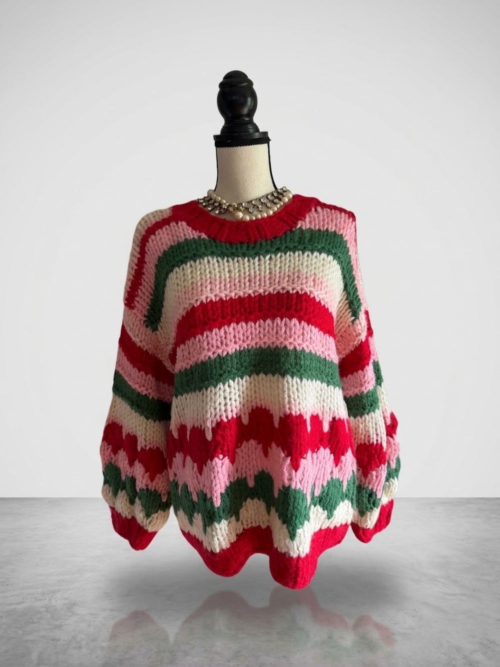 Altar’d State Chunky Knit Striped Sweater Red Pink Green White Oversized Coquett